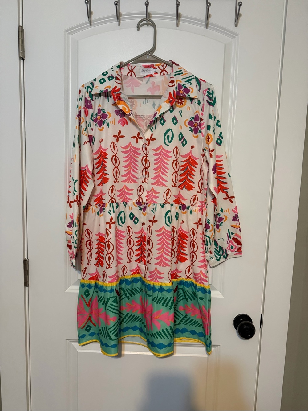 Collared Tiered Long-Sleeve Dress in Pink & Teal
